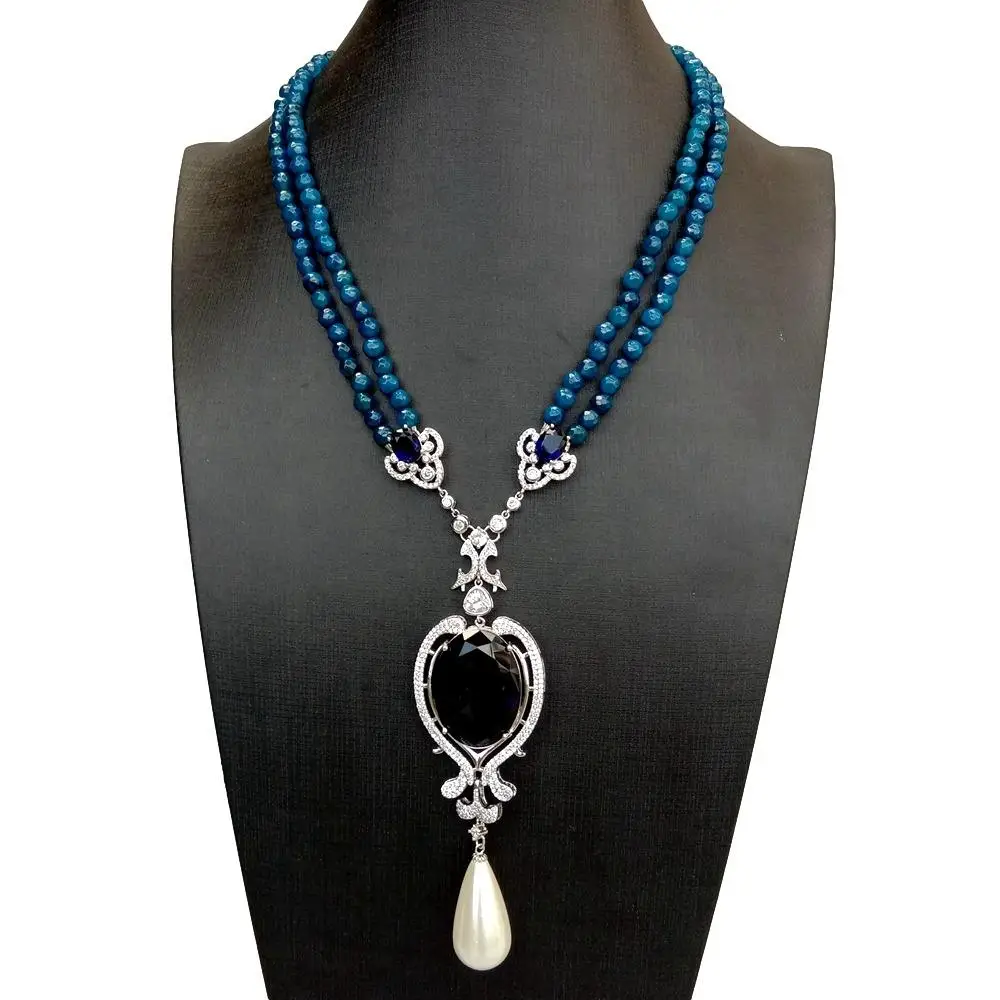 Y·YING 2 Rows Blue Agate Necklace Blue Crystal White Sea Shell Pearl Pendant 19\