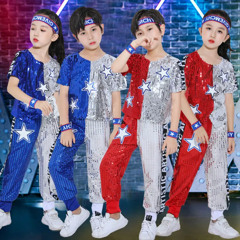 2021 New Children\'s Modern Jazz Dance Costumes Suit Girls Jazz Sequin Alphabet Band Hip Hop Street Dance Clothes Performance Set