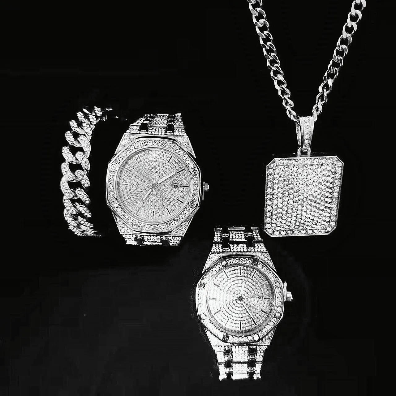 

Iced Out Watch Necklace for Men 3pcs Luxury Diamond Watch Men Bling Fashion Hip Hop Jewelry Set Mens Gold Watch Quartz Relogio