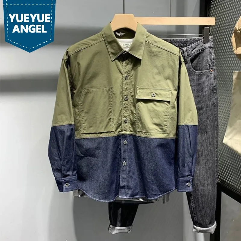 New Men Casual Long Sleeve Shirts Spliced Loose Thin Denim Shirt Square Collar Single Breasted Cowboy Cargo Blouse M-2XL