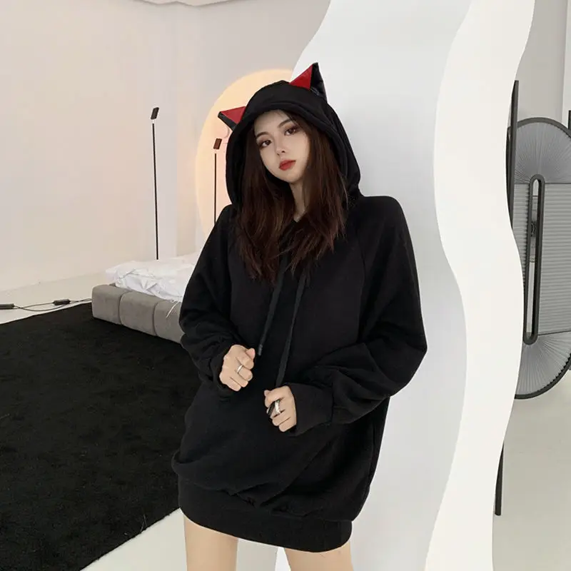 Houzhou orelhas de gato hoodie feminino preto kawaii manga longa outono inverno moletom com capuz gótico streetwear solto roupas casuais