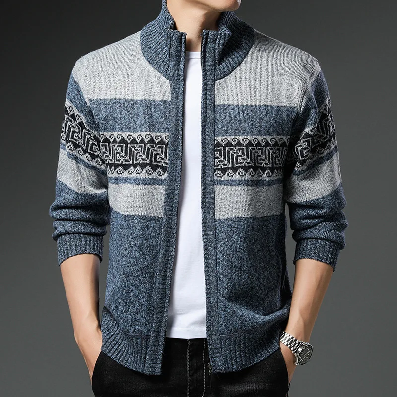 Cardigan tricoté en laine Jacquard à col montant pour homme, vêtement chaud et décontracté, avec fermeture éclair complète, collection automne hiver