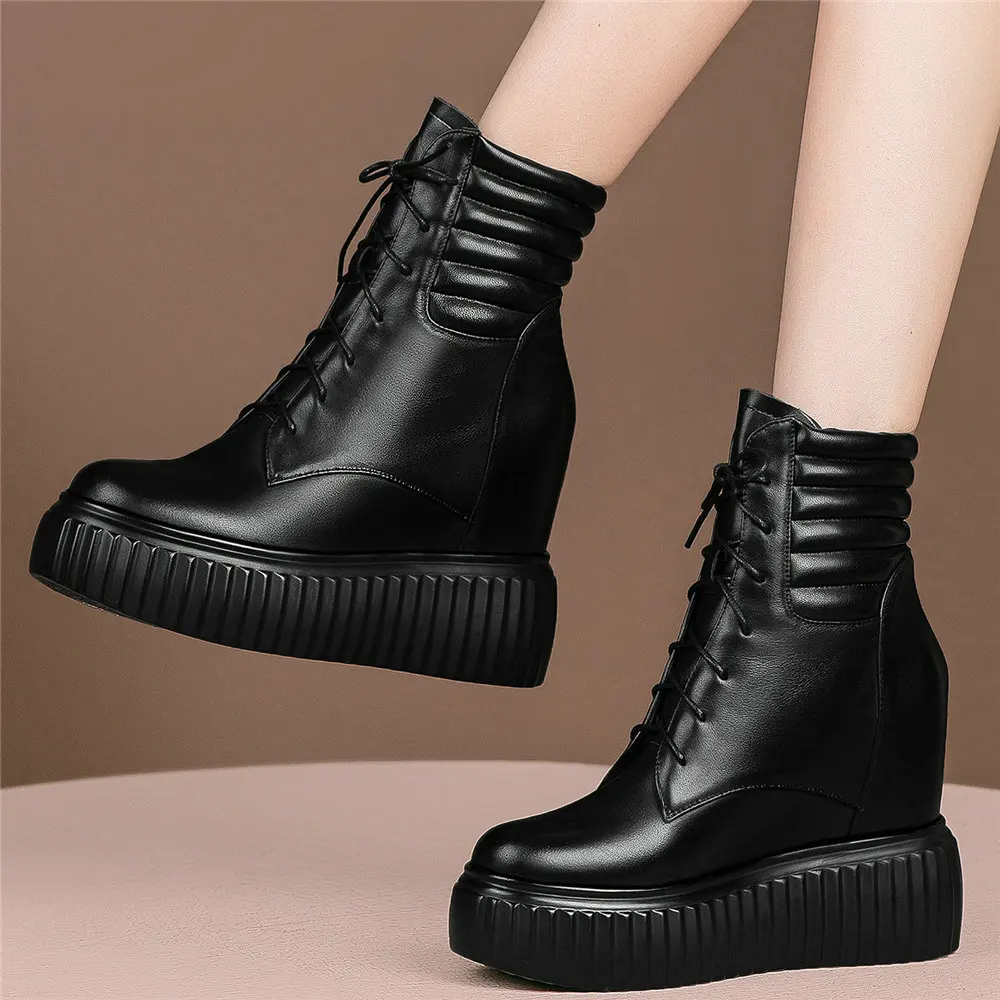 High Top Punk Creepers Women Lace Up Genuine Leather Wedges High Heel Ankle Boots Female Round Toe Fashion Sneakers Casual Shoes