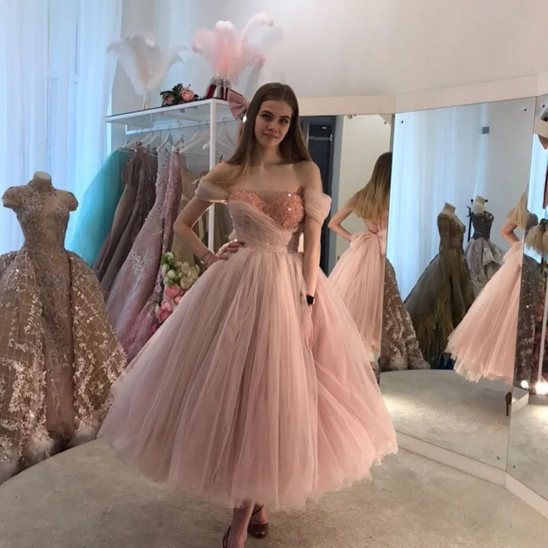 Abiti da ballo rosa principessa paillettes abito con spalle scoperte Sweetheart Bowknot abito da ballo abito di cristallo abito da donna in Tulle abito Midi