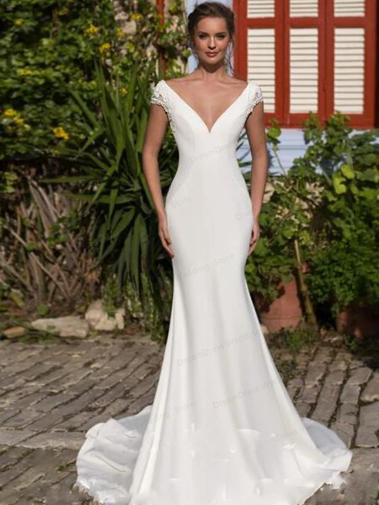 Sexy Mermaid Wedding Dress V-hals Backelss Sweep Trein Hoge Kwaliteit Robe De Mariage Voor Vrouwen Bruidsjurk Korte Mouwen Custom