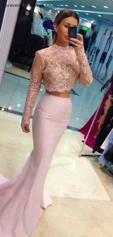 Vestido de fiesta rosa de dos piezas, manga larga, cuello alto, sirena