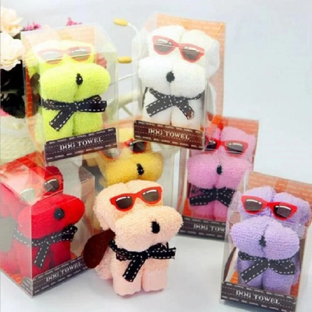 

20pcs Mixed color Cute Glasses Dog Style Towel Fibre Creative Towels For Wedding Party Birthday Favor Gift Souvenirs Souvenir