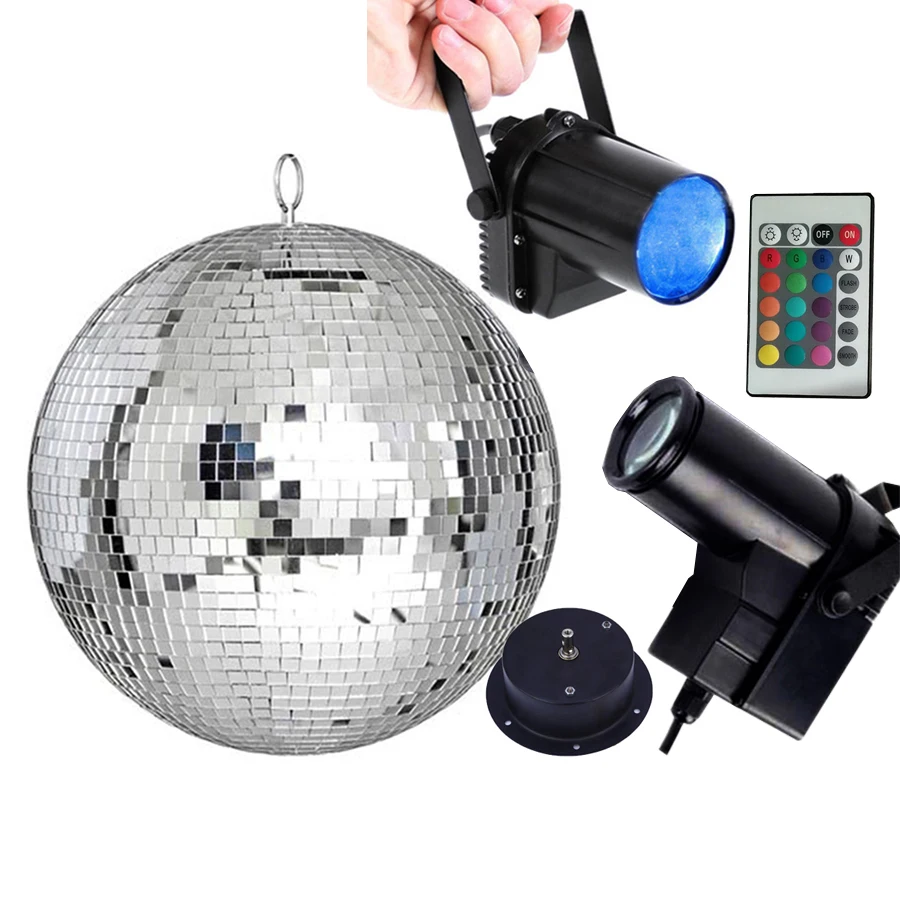 20/25/30CM Sliver Disco Mirror Ball & Motor & 10W RGB Beam Pinspot Lamp With Remote Reflective Disco Ball For Wedding Party