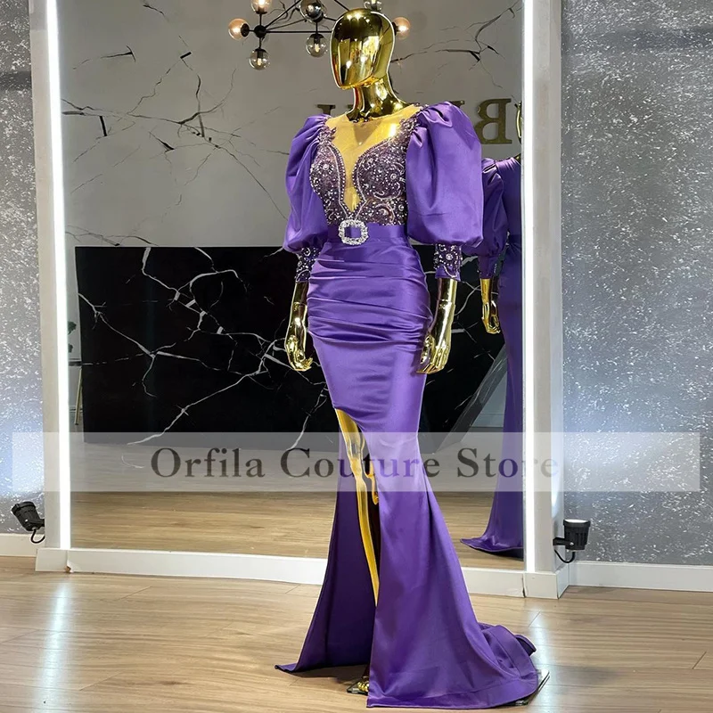 Purple Formal Evening Gowns For Women African Prom Dress Beads Crystal Long Sleeves Wedding Guest Party Wear Custom