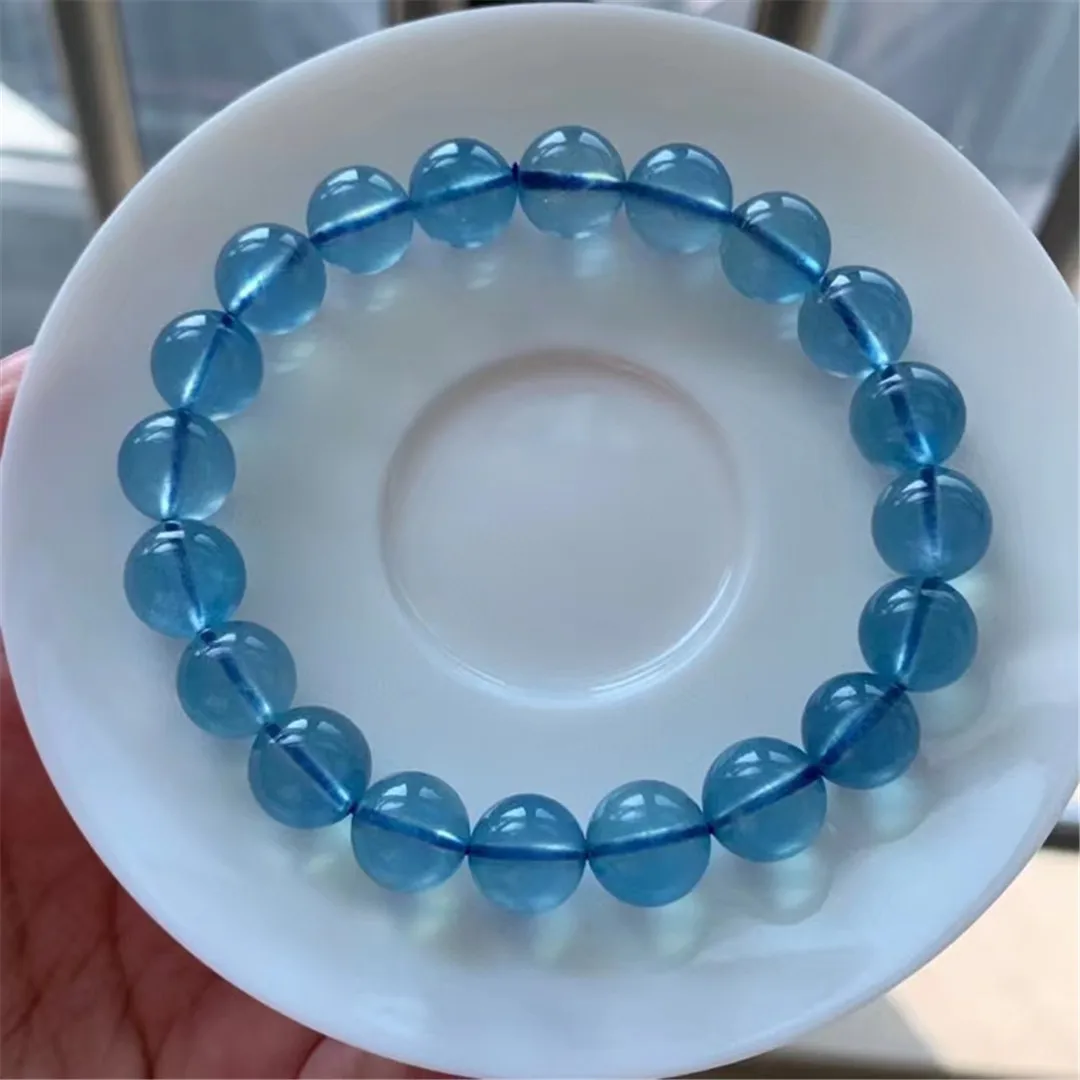 10mm Natural Ocean Blue Aquamarine Bracelet Jewelry For Women Men Healing Wealth Love Gift Crystal Beads Stone Strands AAAAA