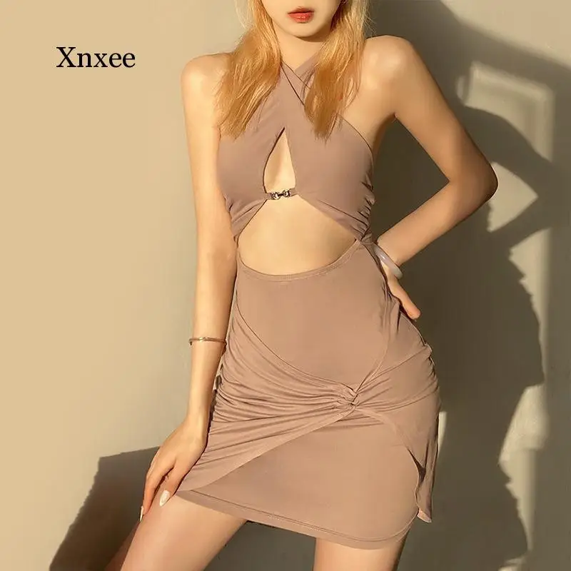 

Summer Sexy Hollow Out Bodycon Dress Women Sexy Halter Deep V Neck Sleeveless Clothing Lady Solid Mini Dresses 2021 New Clothing