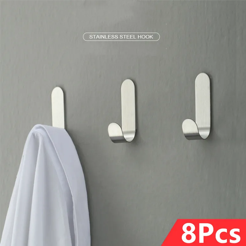 8PCS Strong Stainless Steel Self-Adhesive Wall Hooks Waterproof Sticky Hooks Bathroom Hang Towel Keys Coat Bags Kitchen Hook