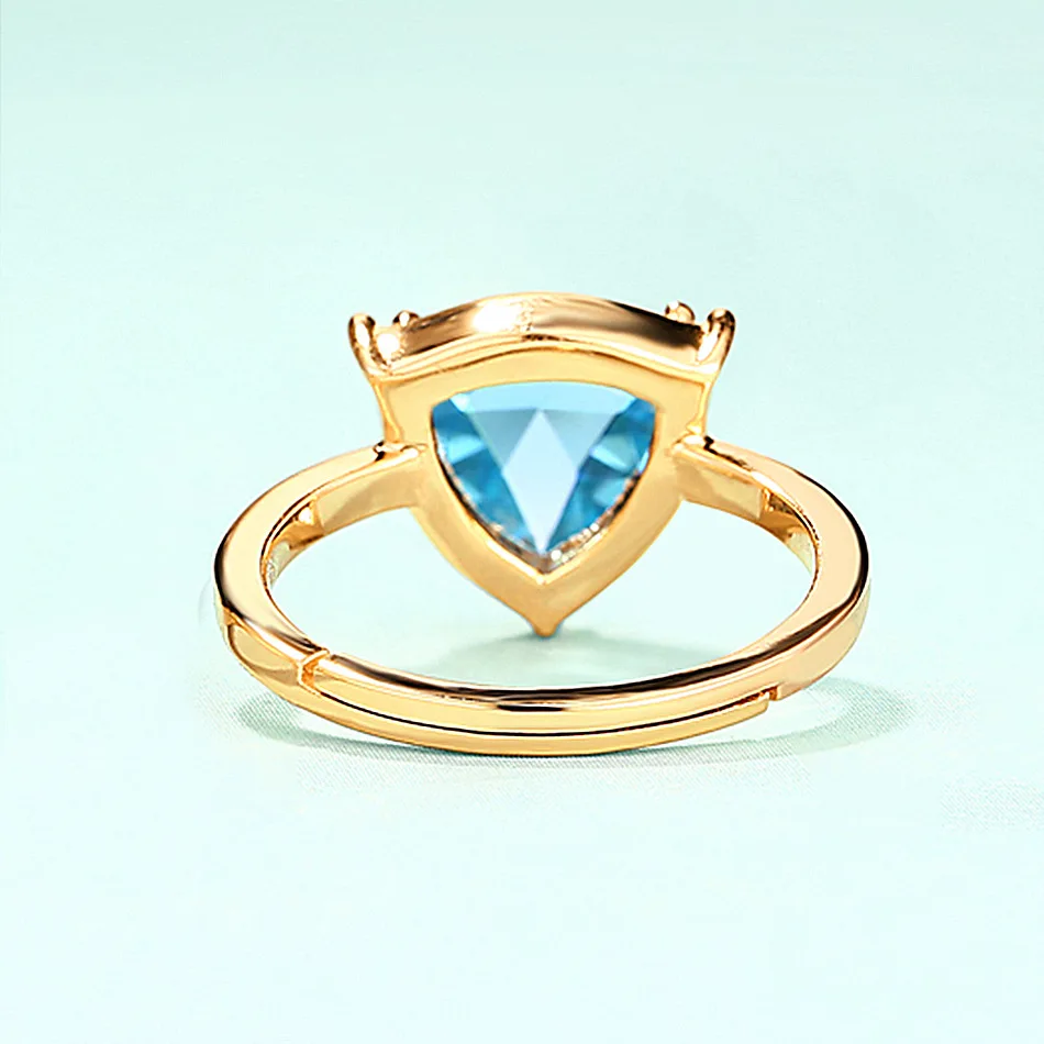 Anomokay Baru Kreatif Biru Topaz Segitiga Warna Emas Cincin untuk Wanita Hadiah Kekasih 925 Sterling Silver Satu Ukuran Cincin untuk pesta