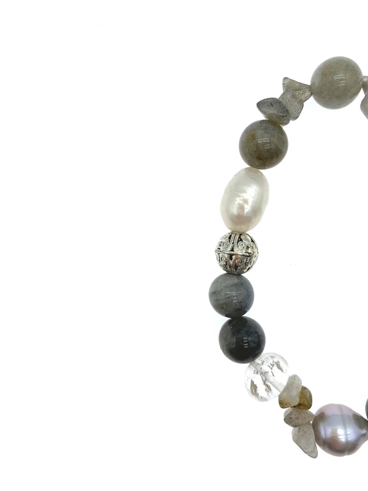 FoLisaUnique Baroque Pearls Clear Quartz Labradorite Bracelet With Antique Silver Plated Beads Stretchy For Women Gift 7.5 Inch