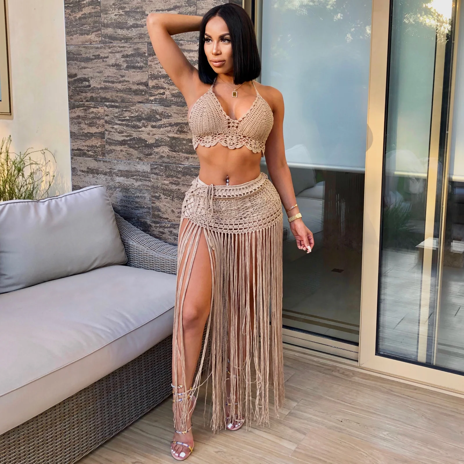 RT Sexy Women Crochet Set Two Pieces Set Halter Backless Crop Top Long Tassels Skirt Knitted Set Hollow Out Crocheted Beach Suit