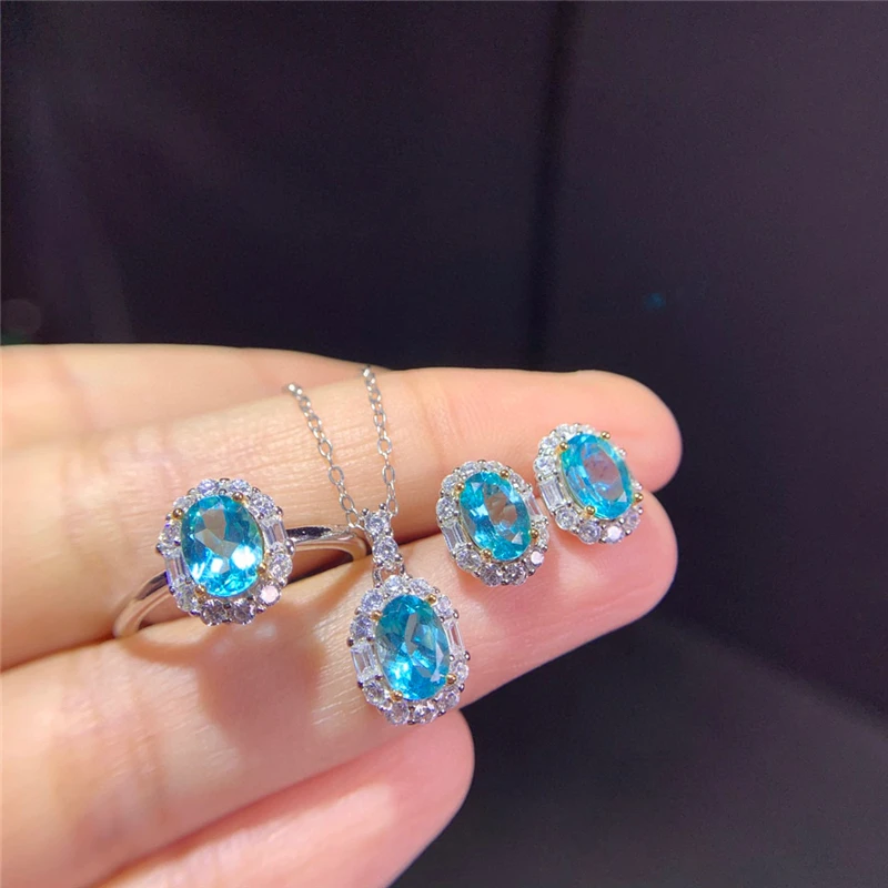 

Natural Apatite Ring Earring Pendant Necklace Set, Paraiba Color Natural Gemstone, S925 Sterling Silver Woman Jewelry