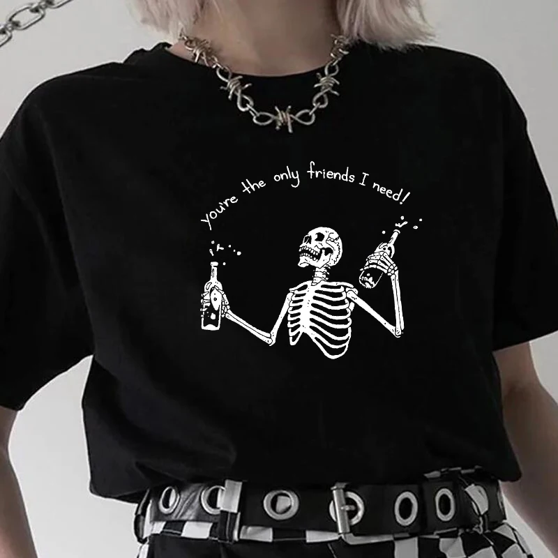 No Flesh No Brain but Still in Pain Skull Funny Quotes Printed T Shirt vintage Gothic Women Harajuku  Street Style Tee Tops