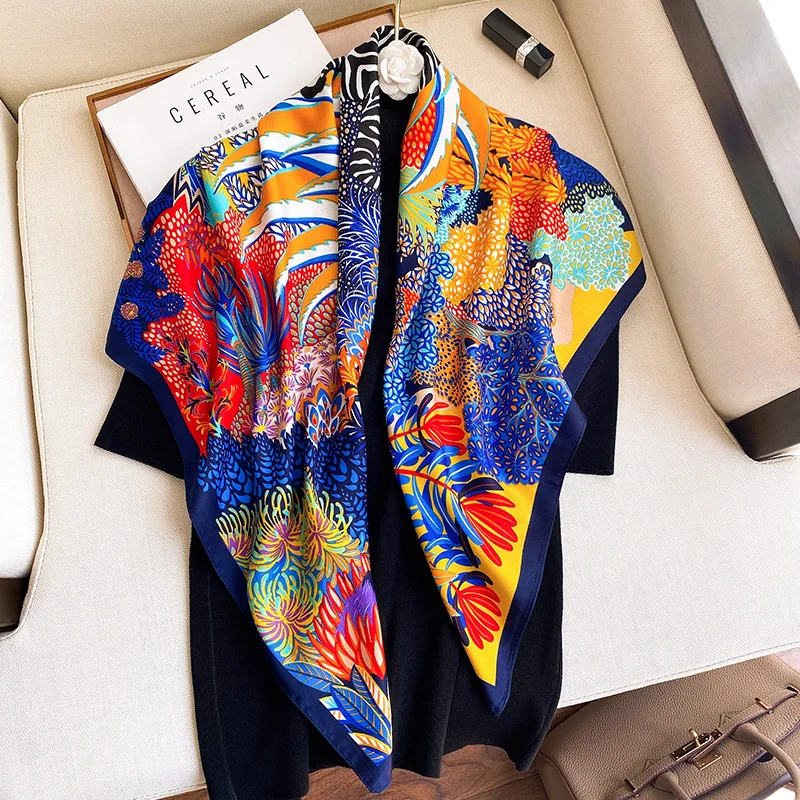 2021 Fashion New Women Silk Square Scarf Vintage Flower Zebra Printed Colorful Pashmina Sun Protective Elegant Dress Neck Wrap