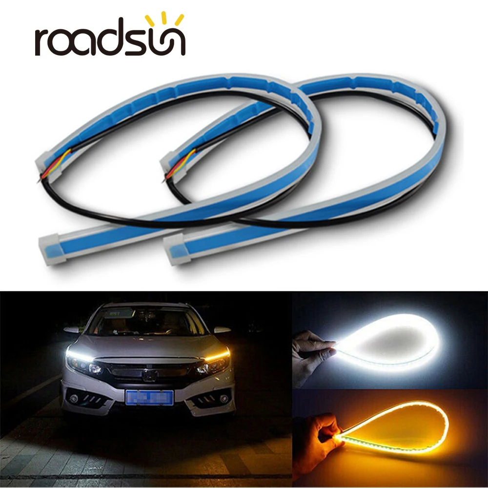 2 sztuk DRL taśmy LED sekwencyjne włączony kierunkowskaz żółty 30cm 45cm 60cm elastyczne światło do jazdy dziennej DRL dla reflektory samochodowe