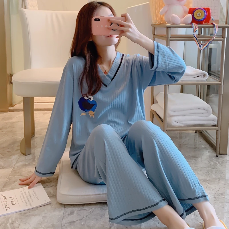 Pajamas women's cotton suit autumn/winter V-neck Korean loose home clothes with elastic high quality nightgown sexy nightwear