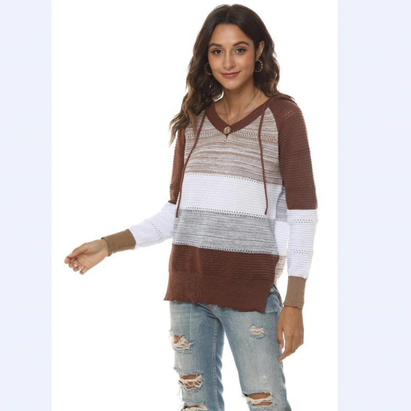 2021 New Female Hoodies Autumn Women Patchwork Hooded Sweater Long Sleeve V-neck Knitted Sweater Casual Striped Pullover Jumpers