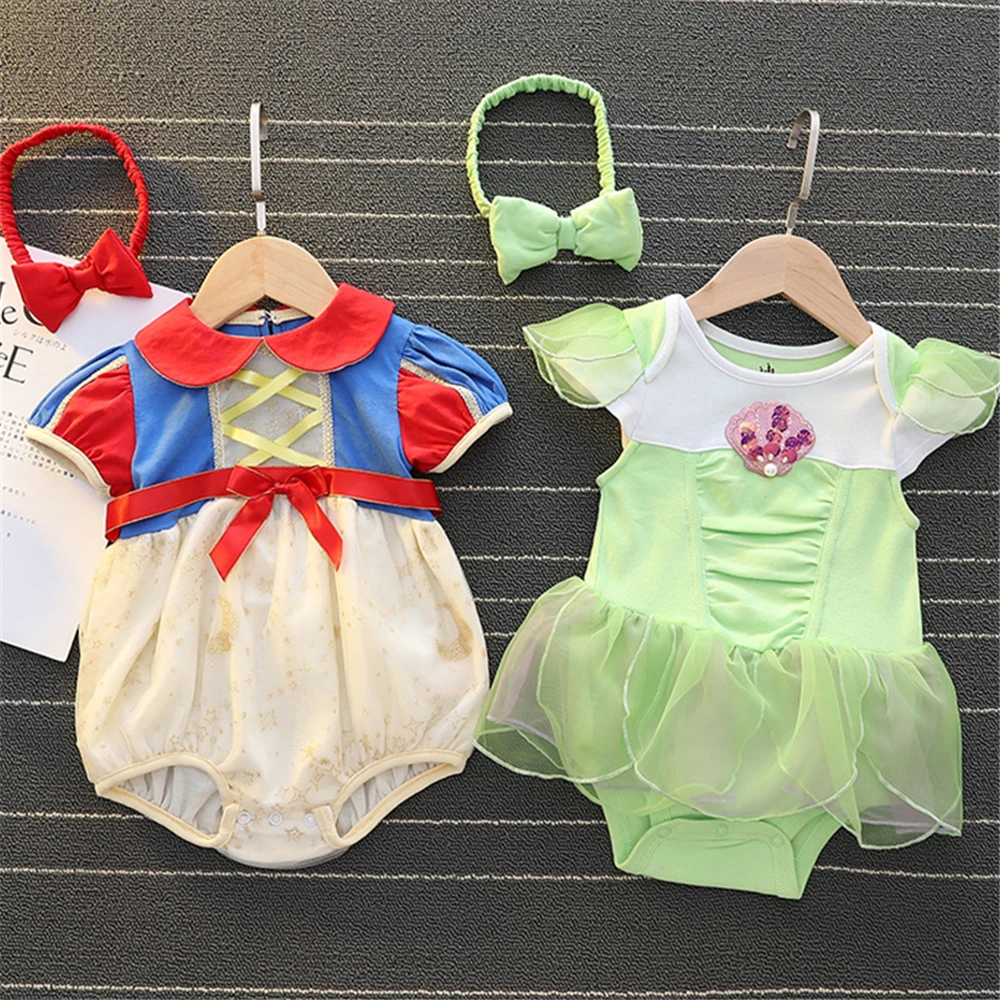 1 2 Years Baby Girls Halloween Tinker Bell Costume Newborn Princess Elsa Dress Up Snow White Puff Sleeve Romper Bow Headband