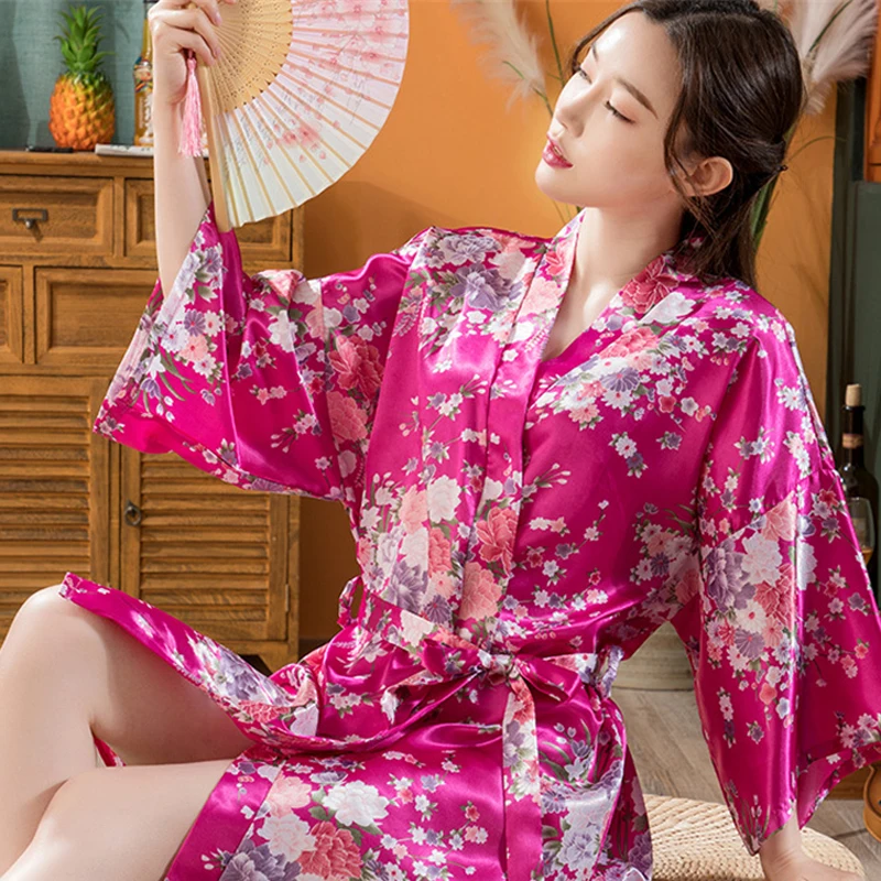 Woman Flower Printed Japanese Kimono Yukata Silk Satin Short Style Long Sleeve Belted Sleepwear Home Nightgown Bath Robe Costume