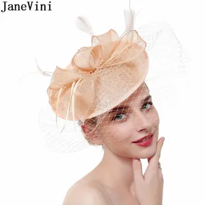 JaneVini сетчатый перо свадебные головные уборы для женщин, Элегантная Модная церковь чай вечерние шляпа Свадебные короткая фата лента для волос аксессуары для волос