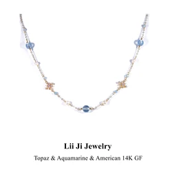 Lii Ji Natural Blue Topaz Aquamarine Zircon Snowflakes Necklace American 14K Gold Filled Jewelry For Women Gift