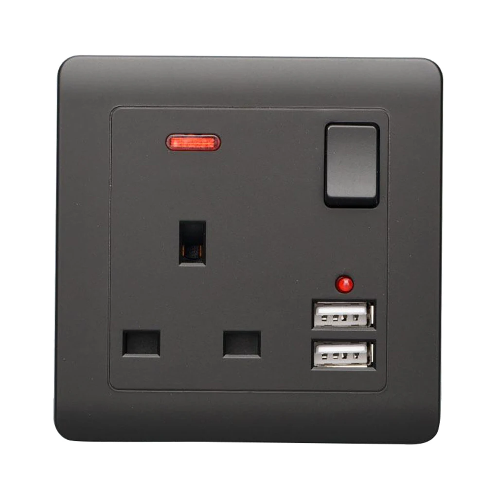 Electrical Wall Socket UK Plug 2 USB Charger Port Outlets Plate 13A Black 2 Gang 2 USB Charger Port Outlets Plate