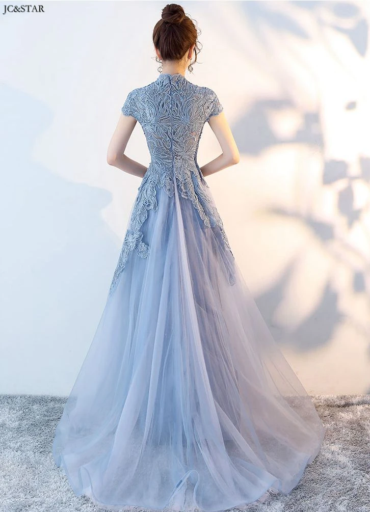 dusty blue bridesmaid dresses tulle applique high neck short sleeve A Line adult wedding party gowns long robe fille d’ honneur