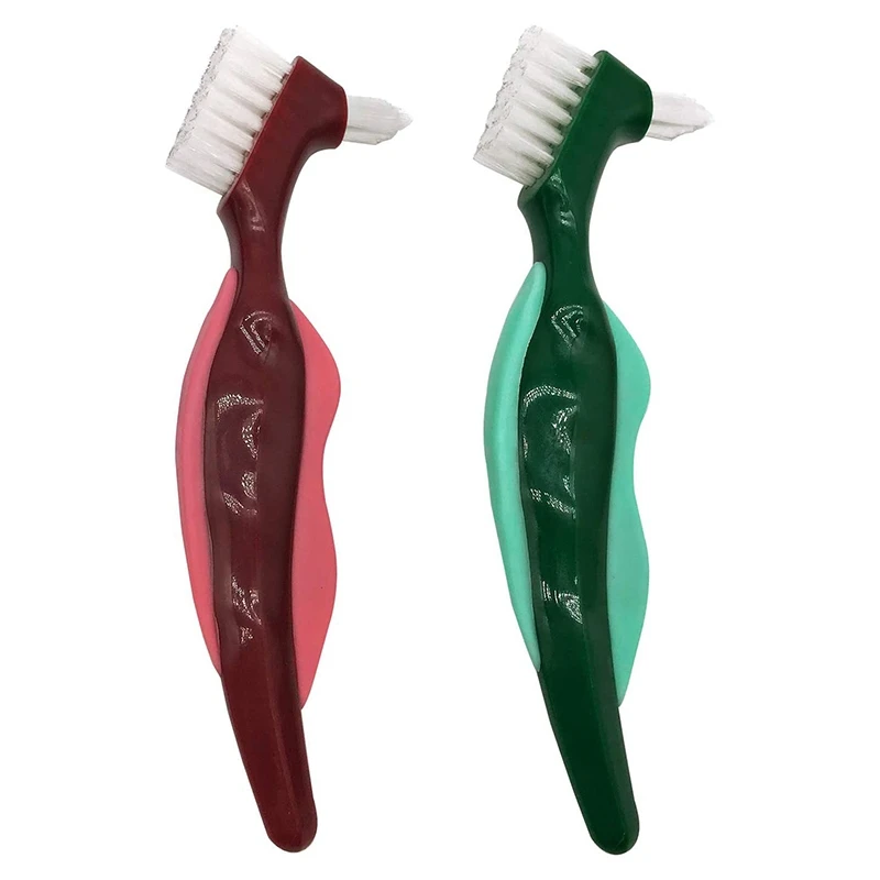 2 Pcs Premium Hard Denture Brush Toothbrush, Cleaning Brush, Multi-Layered Bristles &Portable Denture Double Sided Brush