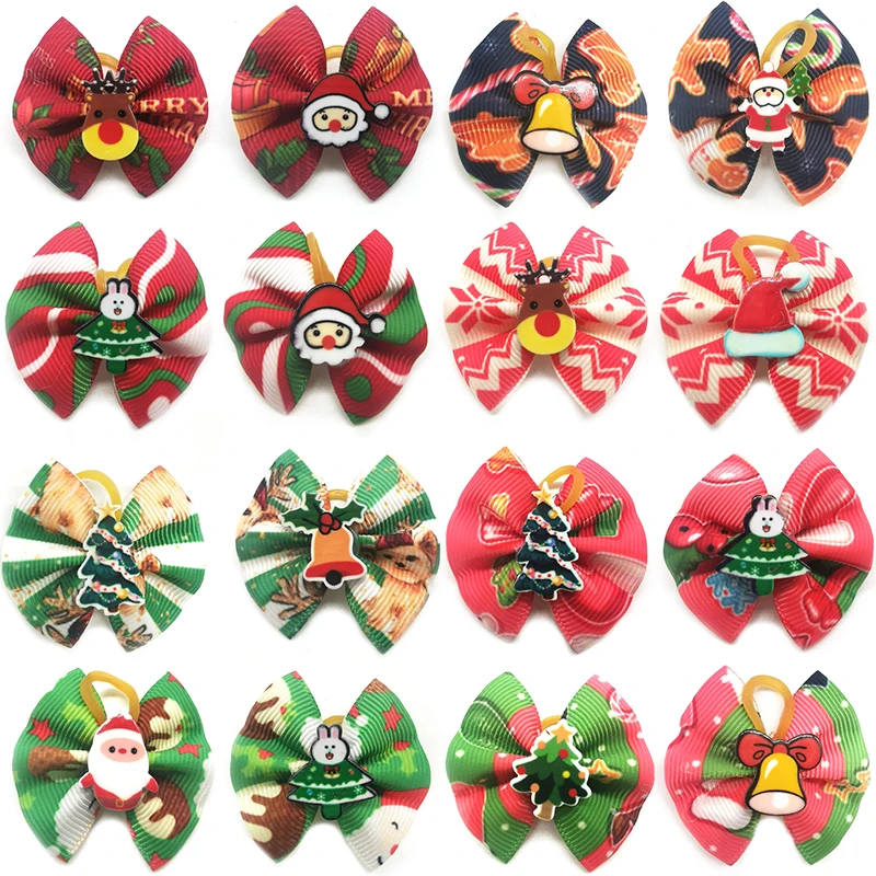 50Pcs Puppy Dog Hair Rubber Bands Christmas  Bows Pet Cat Hair Bows Cat Xmas Festival Samll Dog Puppy Cat Grooming Accessories