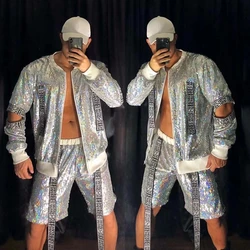 Two-piece Men's dance costume Set Shiny Sequins Jacket Pants Baseball Suit Nightclub Tide Hip Hop Rock Performance Clothes