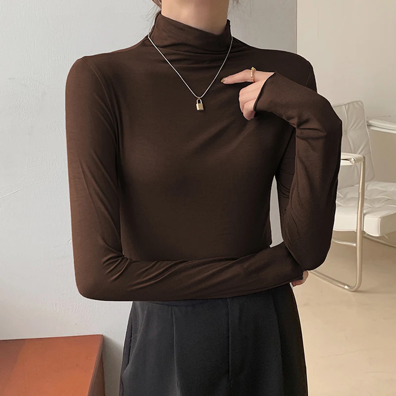 New High Collar Modal Autumn Winter Women Base Shirt 2023 Casual Solid Long Sleeve Slim Stretch T-shirt Ladies Fashion Tops