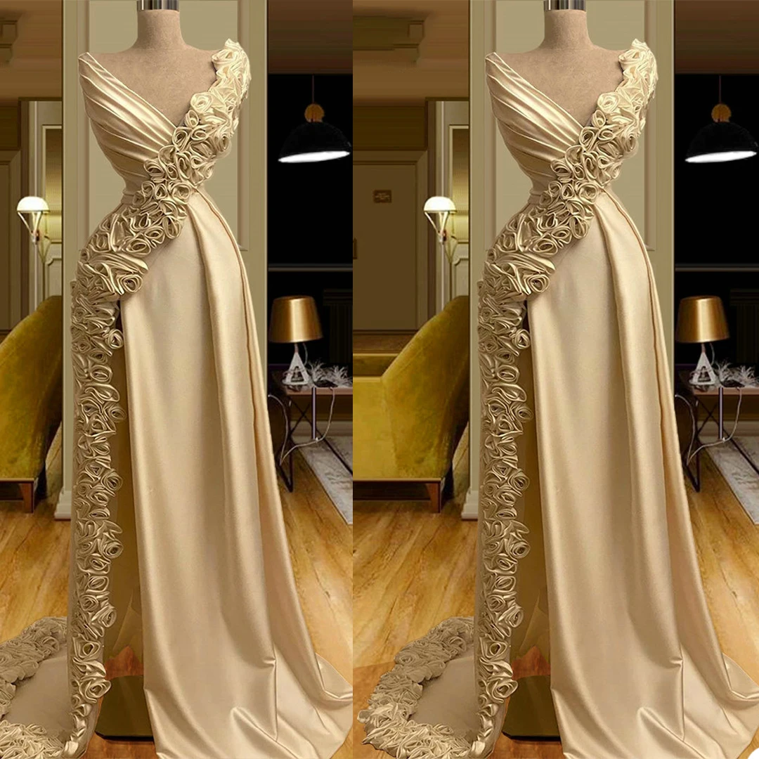 

Designer V Neck Evening Dresses Split Satin Flower Sleeveless Prom Dress Custom Made High Split Formal Party Dress