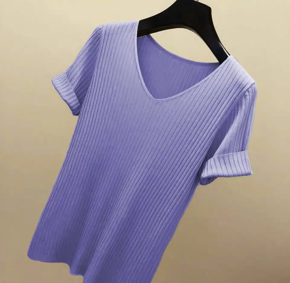 AOSSVIAO 2026 Basic V-Ausschnitt Einfarbiger Dünner Sommer Damen Pullover Weiblicher Dünner Gerippter Strickpullover Schlanker Kurzarm Bodycon Pullover – Detail 10