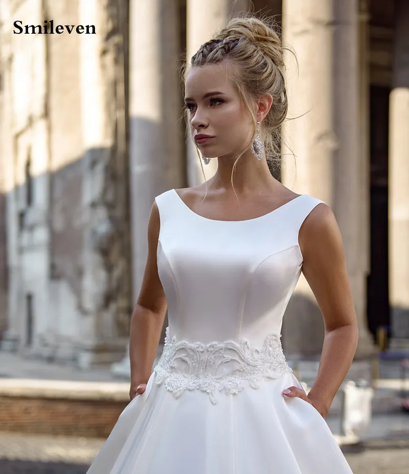 Smileven Einfach Und Sauber Hochzeit Kleider Satin EINE Linie Elfenbein Spitze Braut Kleider Sleeveless Lae Up Zurück Hochzeit Kleider