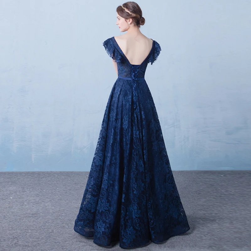 Neue Vintage Abendkleid Navy Blau Tüll Sexy V-ausschnitt A-Line Lange Prom Party Kleider