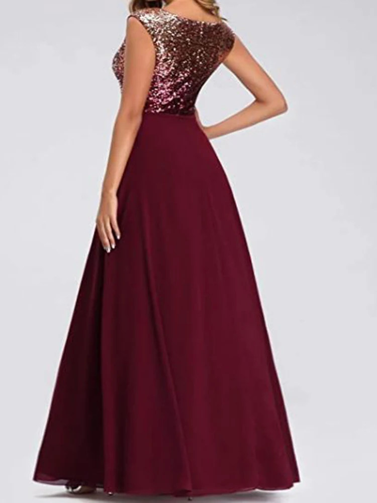 A-line V-neck sleeveless sequin dress, long bride and mother dress and elegant lady evening dress cocktail party dress