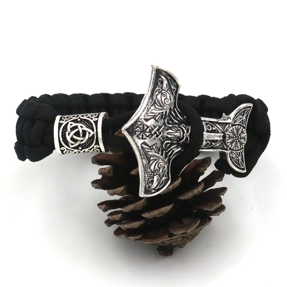 Amulet Odin Face With Raven Thor Hammer Bracelet Slavic Kolovrat Men Vikingos Vegvisir Valknut Runes Beads Viking Bracelet