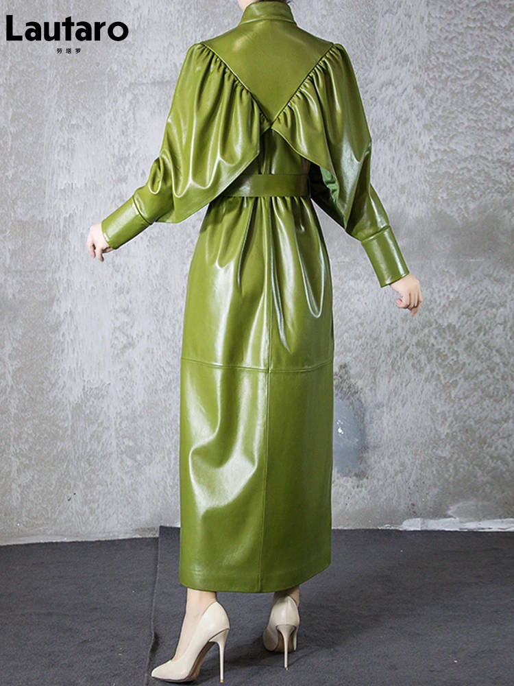 Lautaro Herfst Groen Zwart Maxi Zacht Kunstleer Trenchcoat voor Dames Designer Lang Stijlvol Elegant Luxe Retro Mode 2022