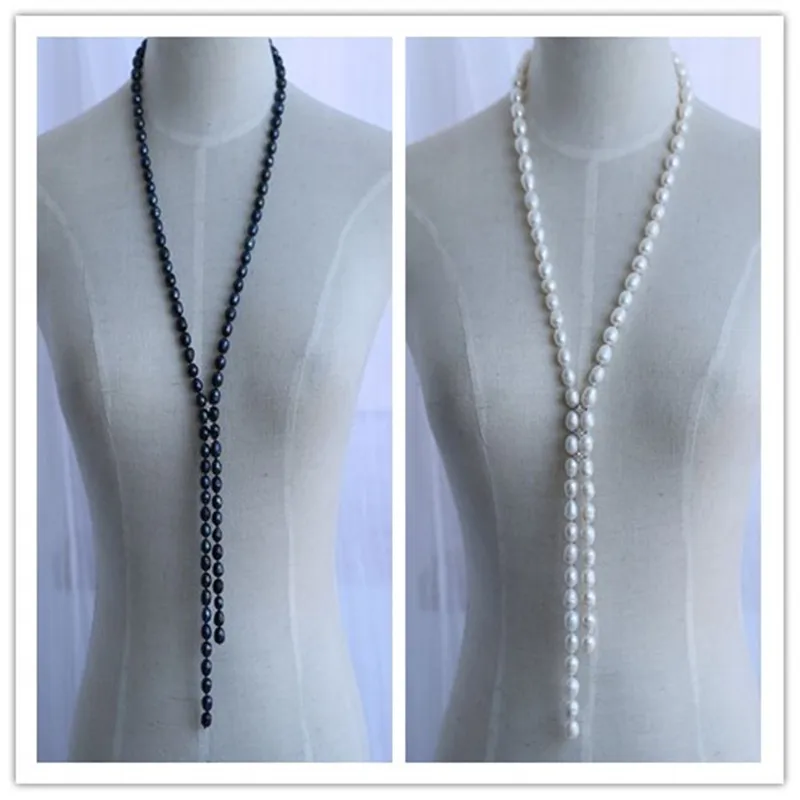 

HABITOO Elegant 34 Nch Long 8-9 Mm Natural Black White Baroque Freshwater Pearl Scarf Necklace for Women Jewelry Party Wedding