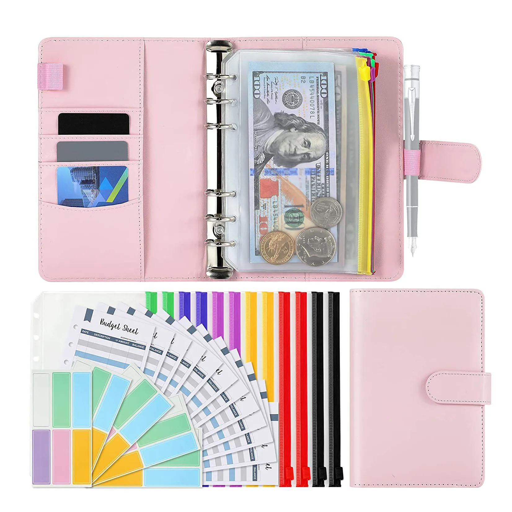 A6 PU Binder System Planner for Money Receipts Budgeting, with 12 Clear Cash Envelope,12 Expense Budget Sheets,Colorful Labels