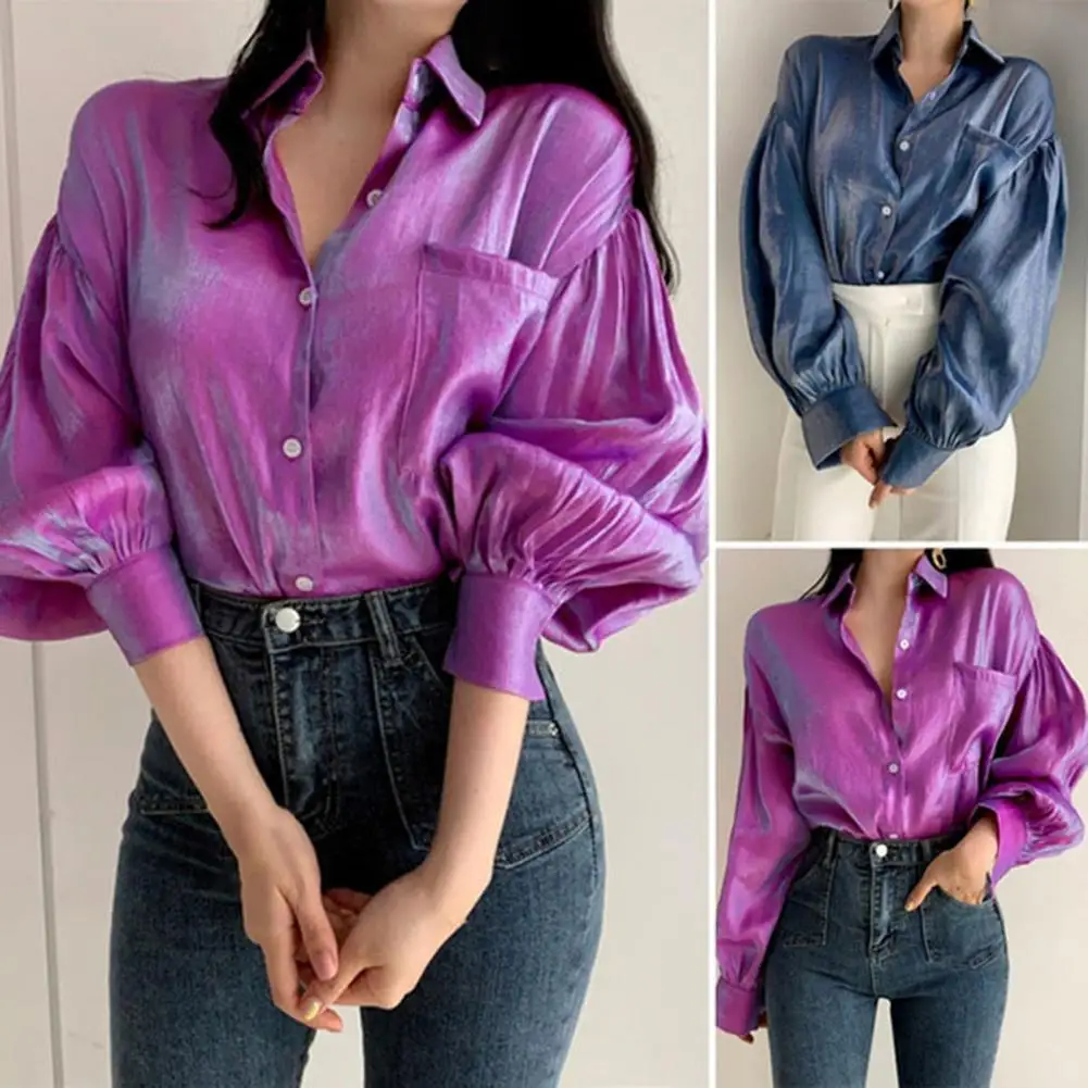 Loose Lady Shirt Patchwork Solid Color Turn-down Collar Women Blouse for Going Out