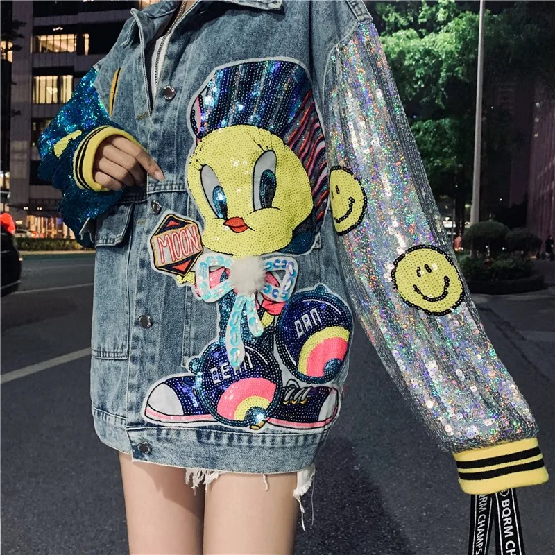 Oversize Denim Jacket Women Sequins Long Sleeve Spliced Coat Cartoon BF Jackets Women Outerwear Coats Loose Street Clothing NZ81