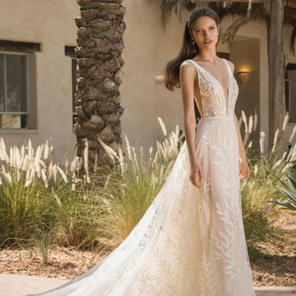 Elegante vestido De Novia con espalda abierta, cuello en V profundo, Simple, sin mangas, apliques De encaje, Vestidos De Novia De princesa, talla grande