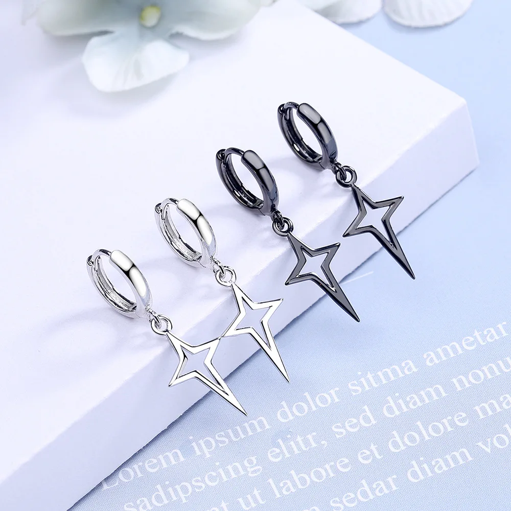 Gothic Punk Style Copper Metal Drop Earrings Black/Silver Color Stars Cross Pendientes Fashion For Women Men Rock Jewelry