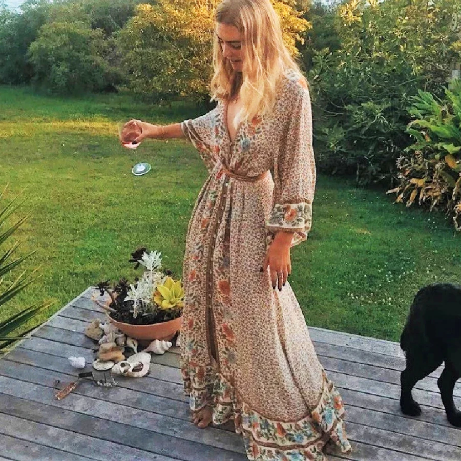 TEELYNN MAXI boho floral print dress 2020 vintage rayon V-neck flare long sleeve women dresses beach bohemia loose dresses robe