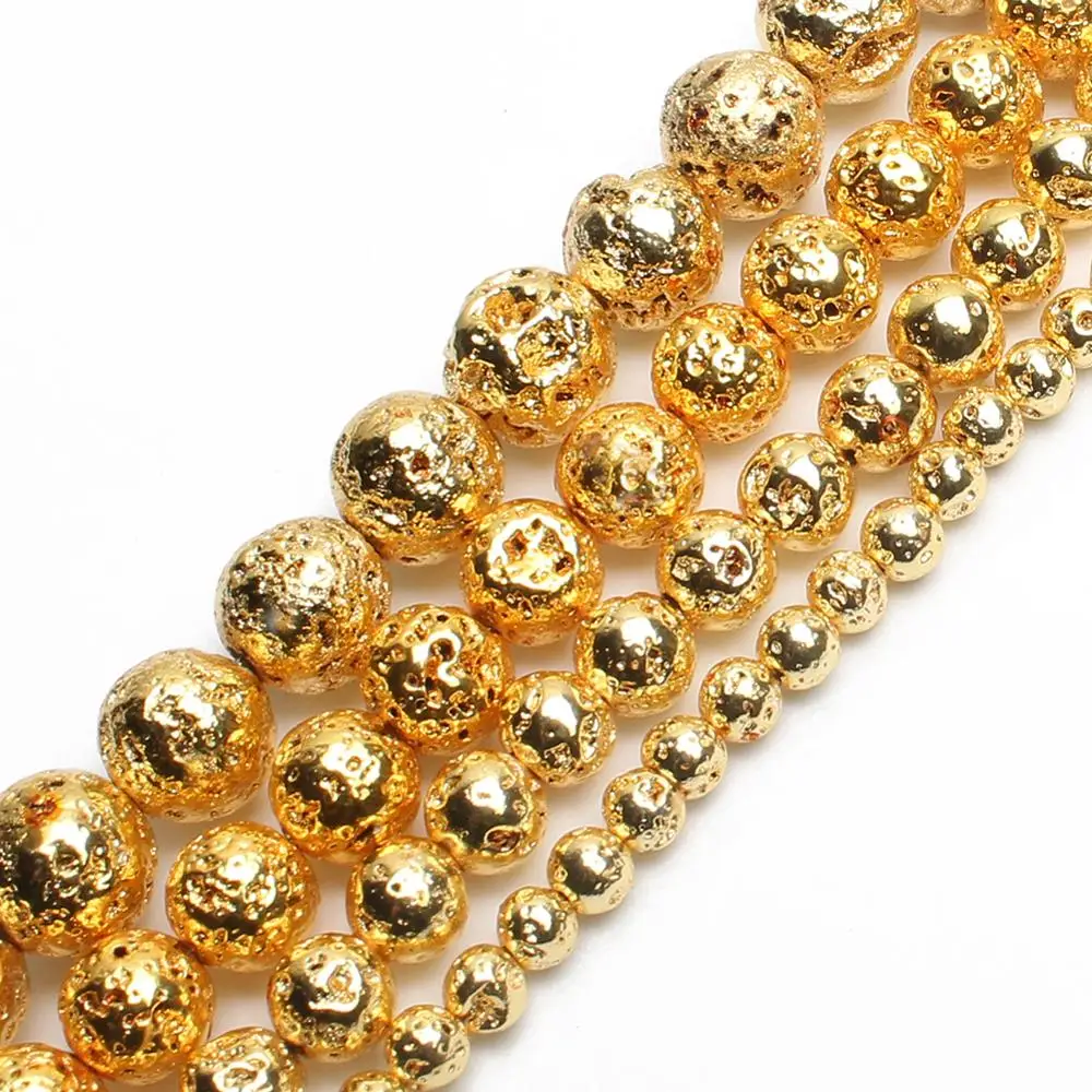 Rose Gold Silver Color Natural Lava Stone Round Hematite Beads for Needlework Jewelry Making Bracelet Necklace Accessories 15\'\'
